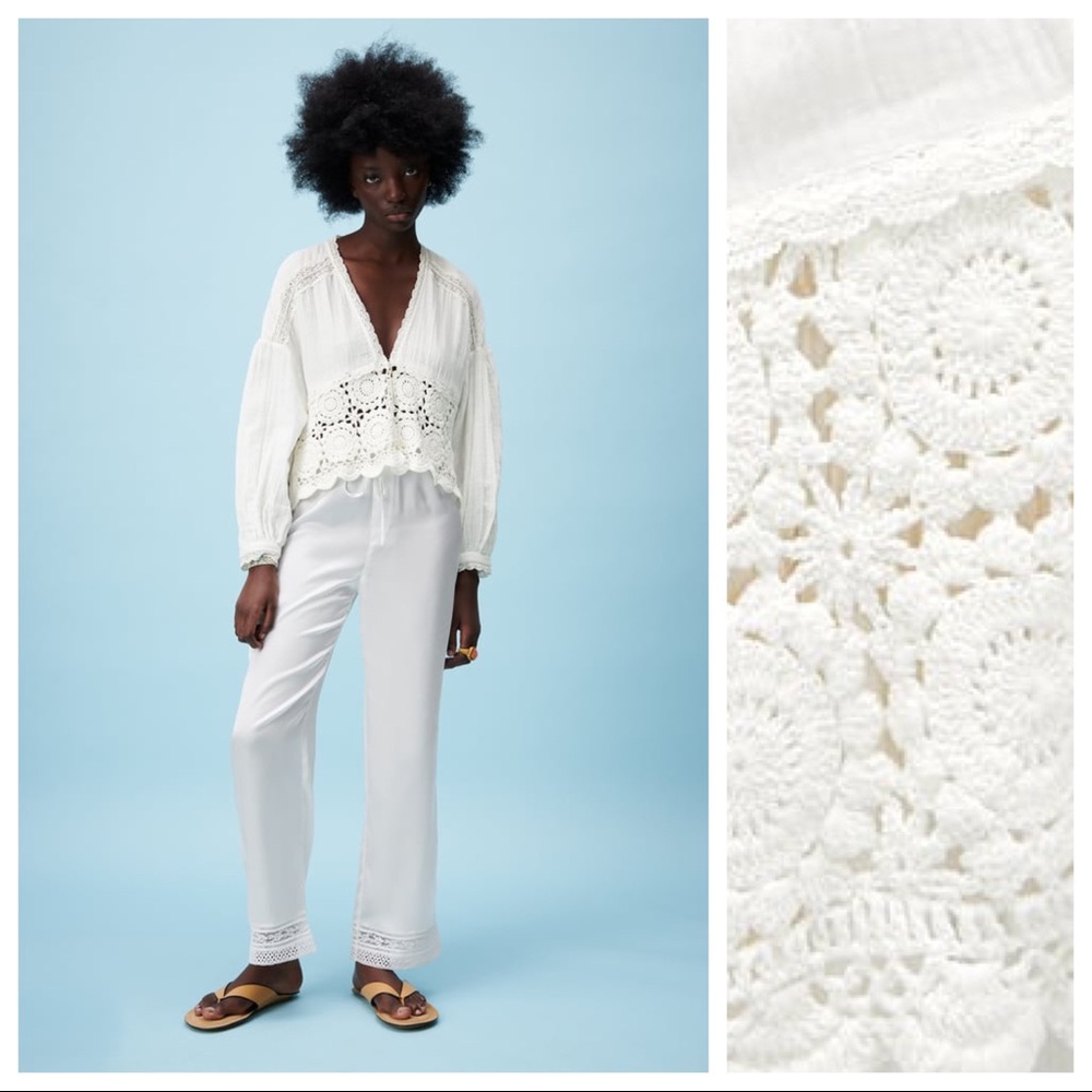Zara Ecru Cotton Crochet Detail V-neck Top/Shirt. Size S.